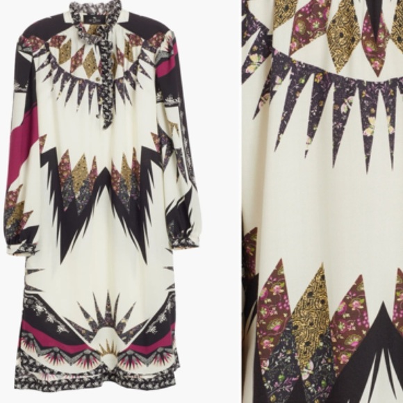 ETRO Gimmie Patchwork Boho Long Sleeve Wool & Silk Shift High-Low Mini Dress NEW - Picture 5 of 15